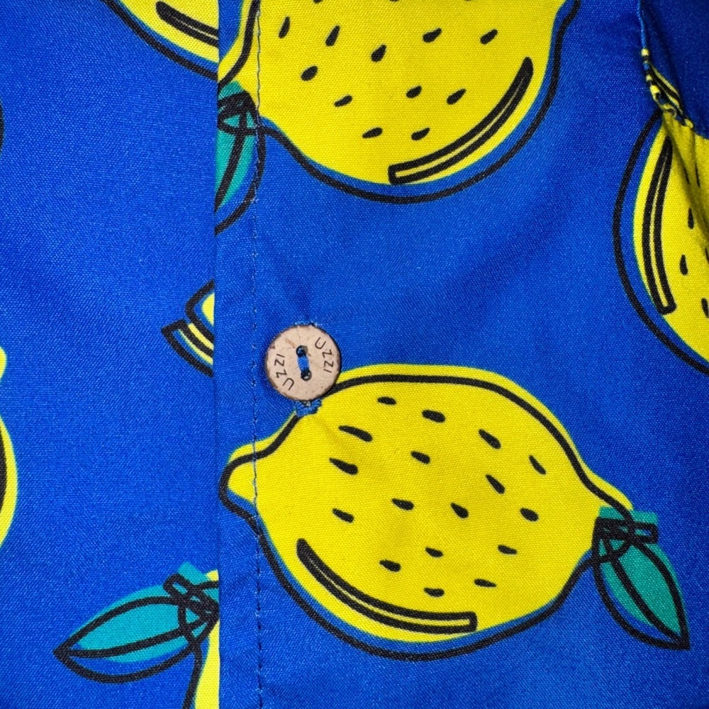 Uzzi Amphibious Gear Mens Lemon Print Button Down Shirt Blue Yellow Medium HP74 - Picture 4 of 10
